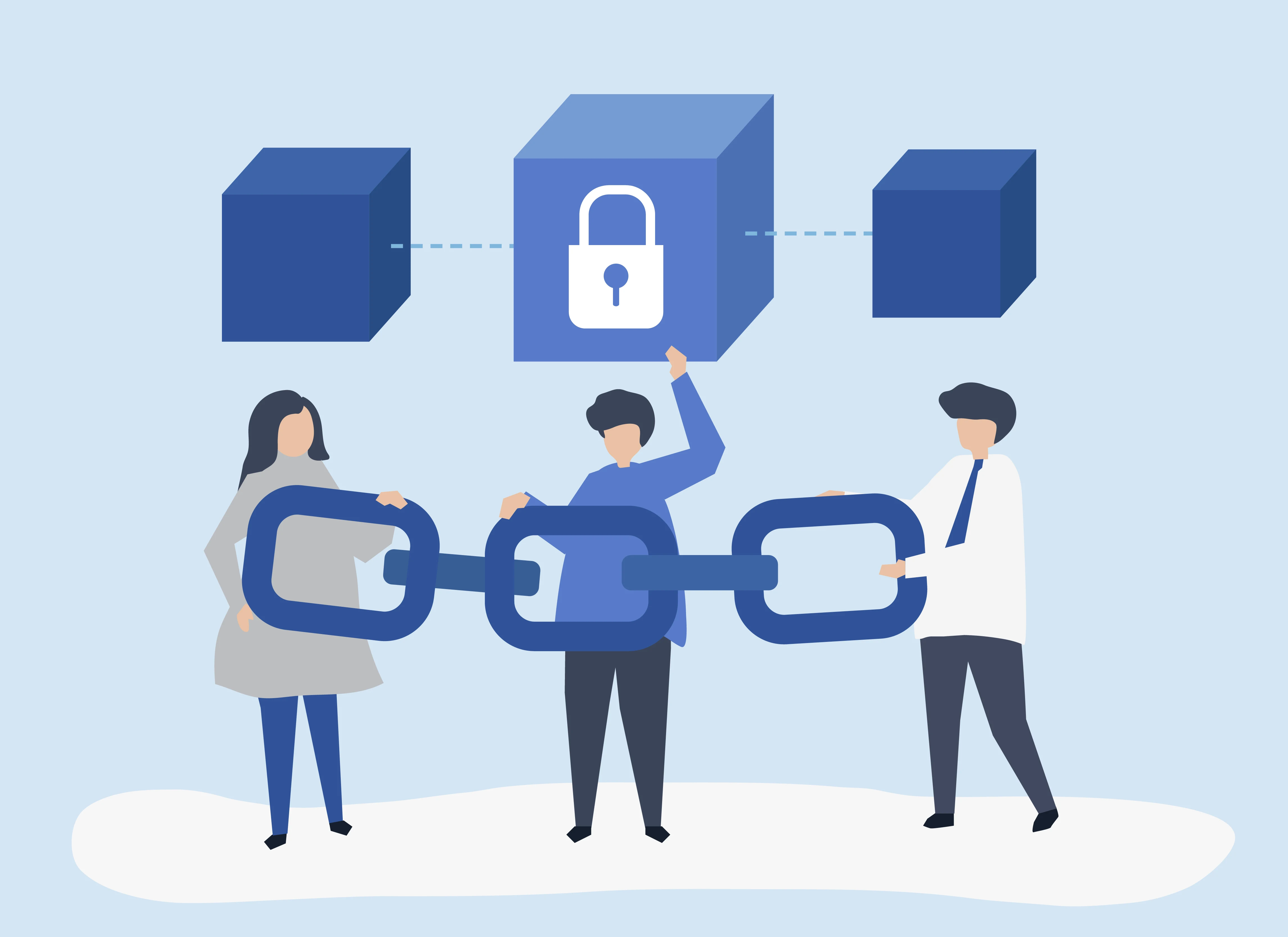 Blockchain technology illustration showing decentralized network and enterprise digital solutions