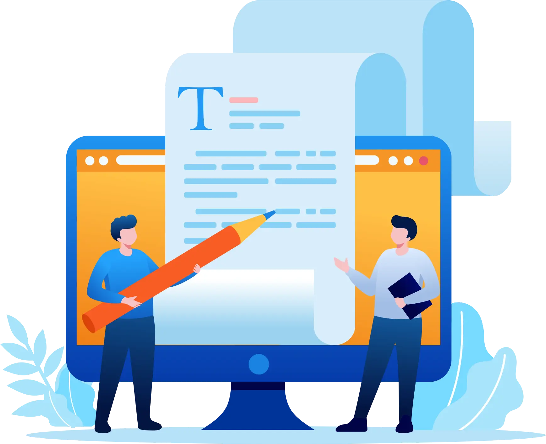 Article writing concept illustration representing research and publishing