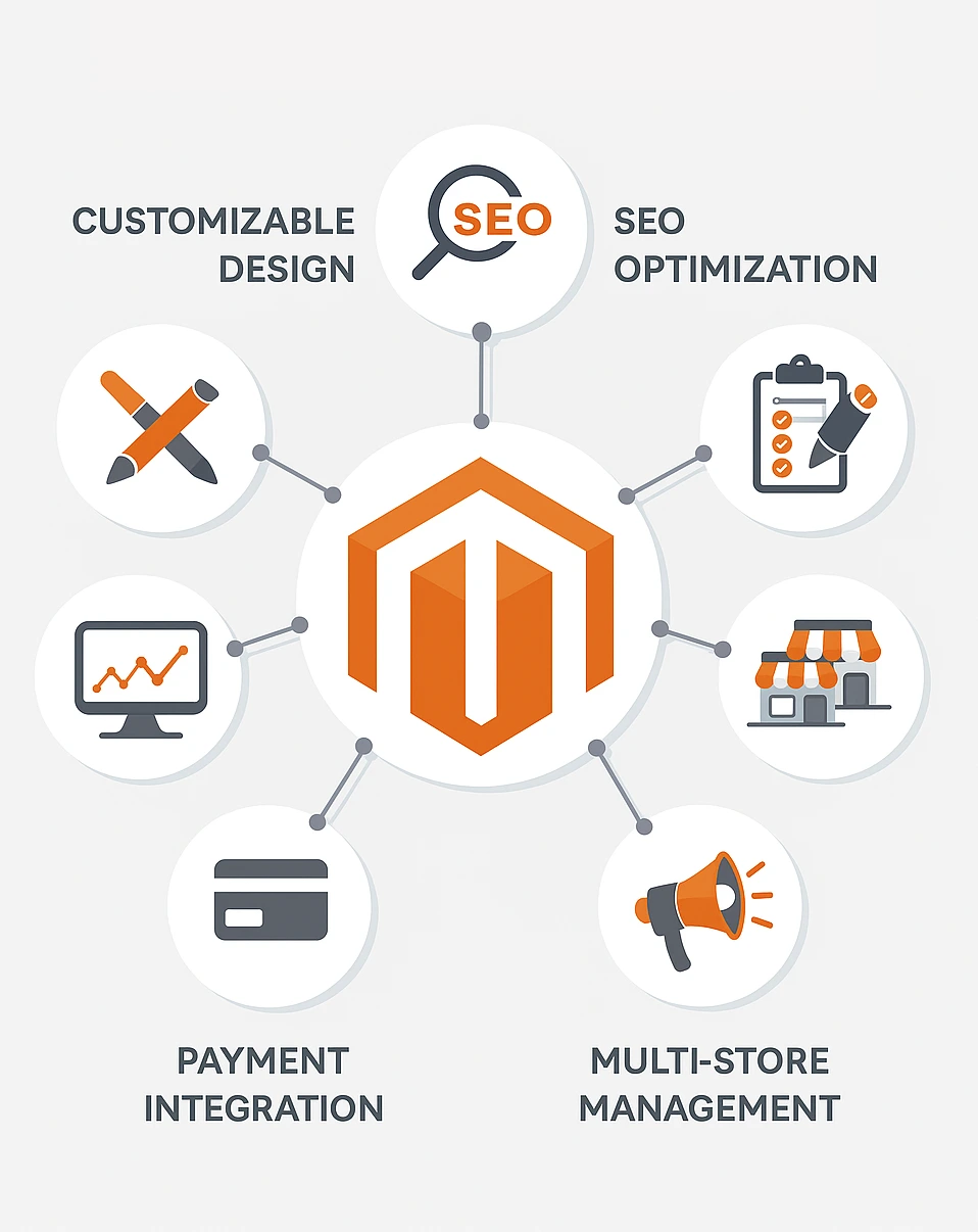 Magento eCommerce features illustration including checkout, analytics and store management