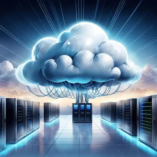 Cloud computing infrastructure and server network representing intelligent cloud technology solutions