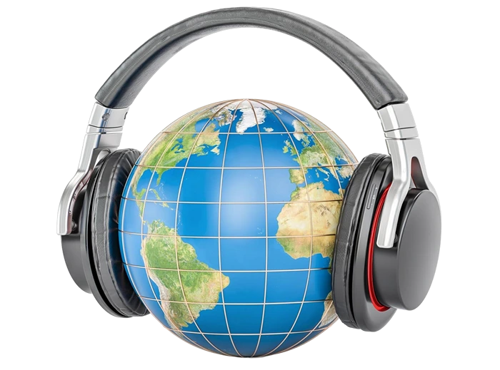 Globe wearing headphones representing global communication, online media, and digital connectivity